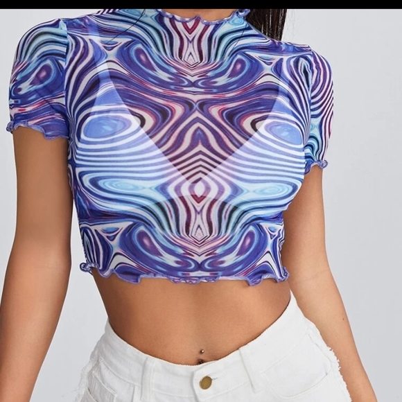 Lettuce Trim Marble Print Sheer Mesh Crop Top NWT XL - Picture 2 of 6